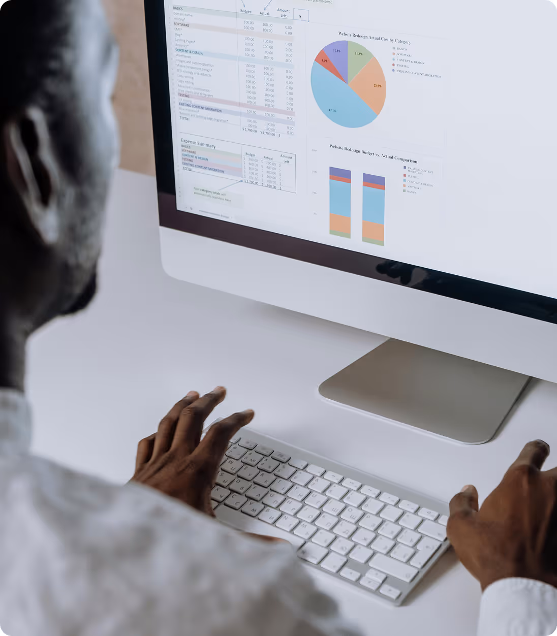 Homme noir utilisant un clavier d'ordinateur devant un écran affichant des graphiques et tableaux financiers.