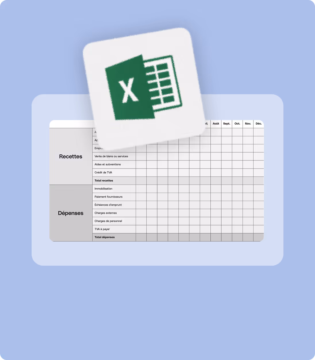 Icône Excel au-dessus d'un tableau financier en français montrant recettes et dépenses par mois.
