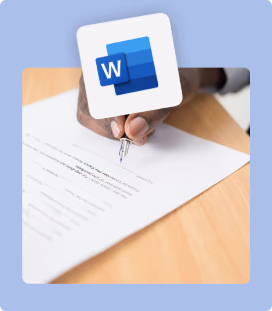 Main écrivant une signature sur un document, avec l'icône Microsoft Word en surimpression.