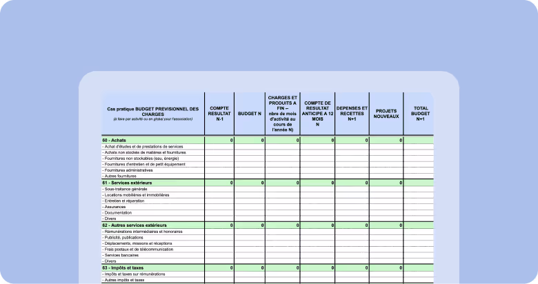 Tableau de budget prévisionnel listant achats, services extérieurs, impôts et taxes, avec colonnes pour divers comptes.