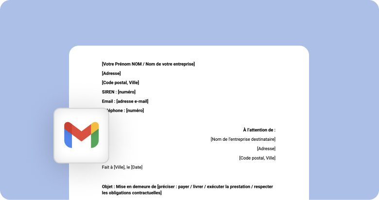 Modèle de lettre de mise en demeure avec sections pour coordonnées, date et objet sur fond bleu.
