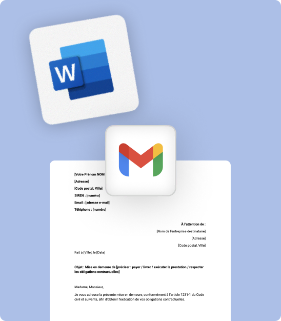 Icônes Word et Gmail au-dessus d'une lettre de mise en demeure en français avec informations à remplir.