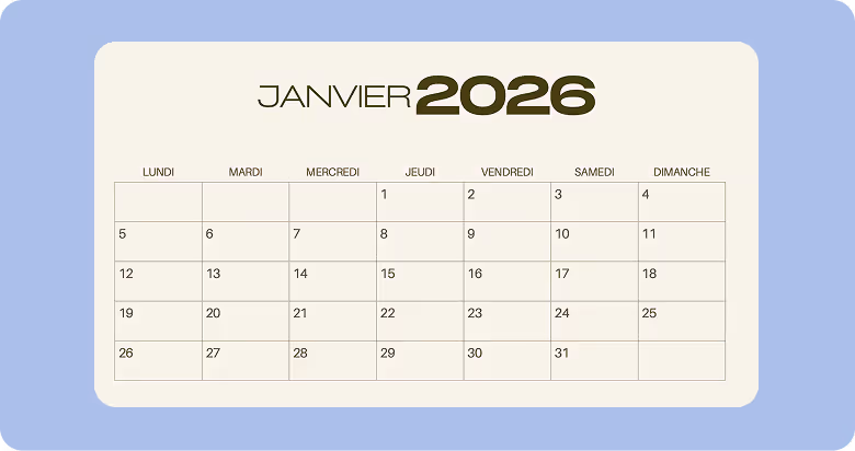 Calendrier de janvier 2026 en français avec jours de la semaine du lundi au dimanche.