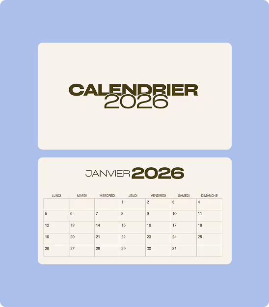 Calendrier 2026 avec mois de janvier affiché, jours de la semaine en français sur fond bleu.