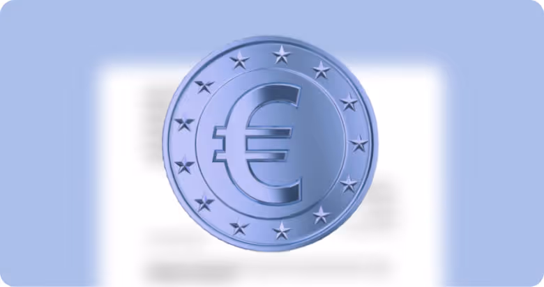Pièce bleue avec symbole euro entourée d'étoiles sur un fond flou bleu