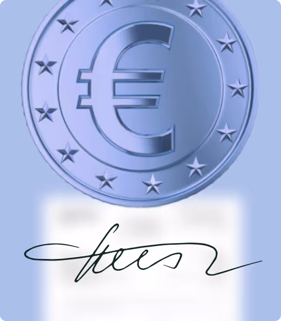 Sceau bleu avec symbole euro entouré d'étoiles et une signature noire en bas.