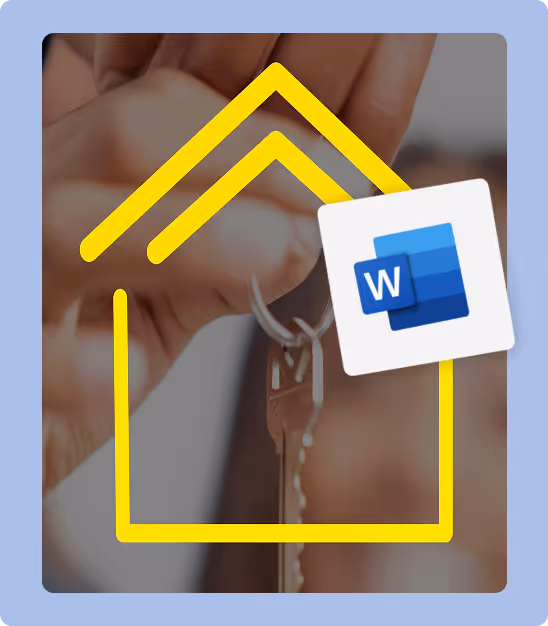 Main tenant une clé avec icône Microsoft Word et contour jaune de maison en arrière-plan.