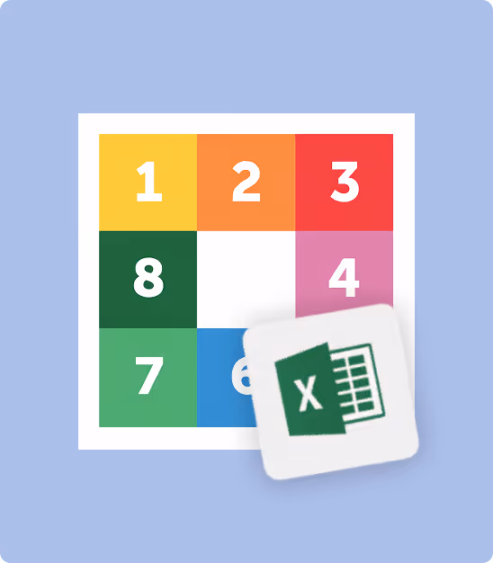 Grille colorée numérotée de 1 à 8 avec une icône Microsoft Excel au premier plan.