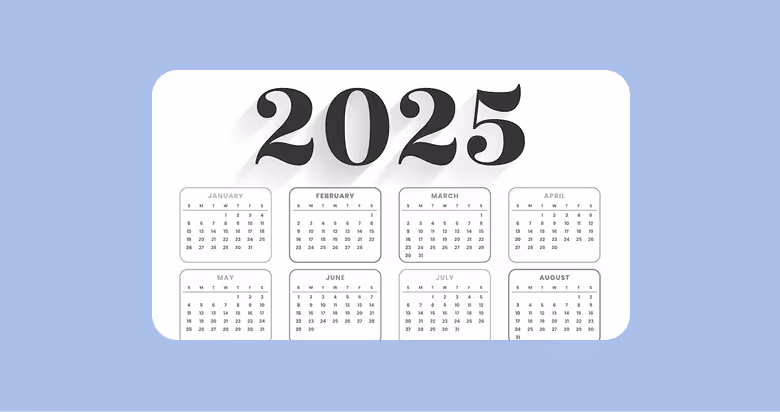 Calendrier 2025 montrant petits calendriers mensuels de janvier à août sur fond bleu.