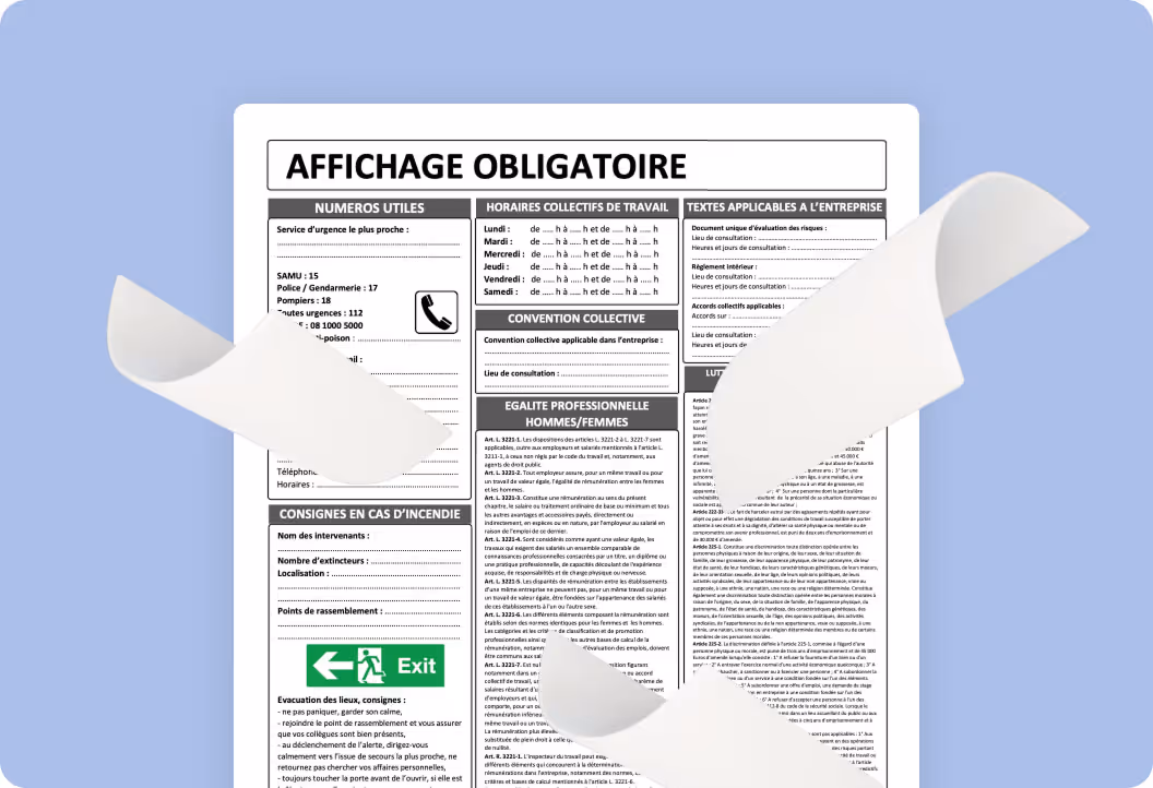Affichage obligatoire avec numéros utiles, horaires, consignes incendie, égalité professionnelle sur fond bleu.