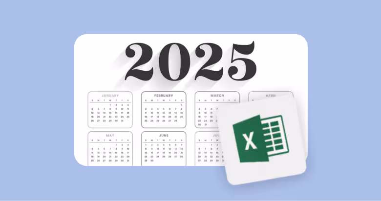 Calendrier 2025 en mini-mois avec icône Excel sur fond bleu clair.