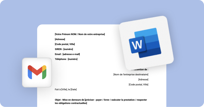 Modèle de lettre en français avec icônes Gmail et Word sur fond bleu.