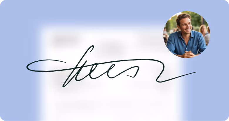 Signature manuscrite en noir sur fond bleu clair avec photo ronde d'un homme souriant en chemise bleue.
