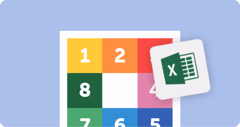 Carré coloré avec chiffres 1 à 8 et logo Microsoft Excel sur fond bleu clair.