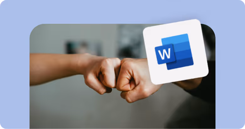 Deux poings se tapant dans un geste de fist bump avec le logo de Microsoft Word en surimpression.