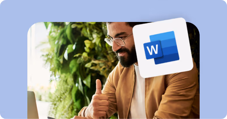 Homme souriant avec lunettes et barbe, faisant un pouce levé devant un ordinateur portable avec logo Word flottant.