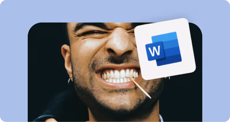 Homme grimaçant tenant un cure-dent entre les dents avec logo Microsoft Word au-dessus.