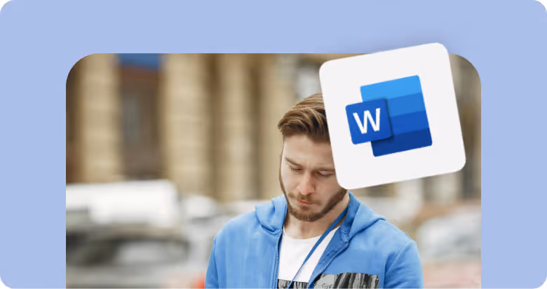 Jeune homme en sweat bleu regardant vers le bas avec logo Microsoft Word en haut à droite.