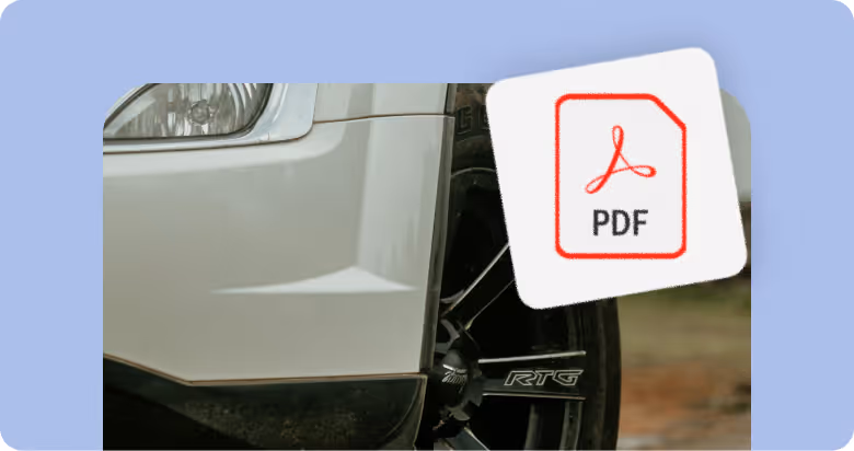 Vue rapprochée de l'avant d'une voiture blanche avec une roue noire et un icône PDF flottant.