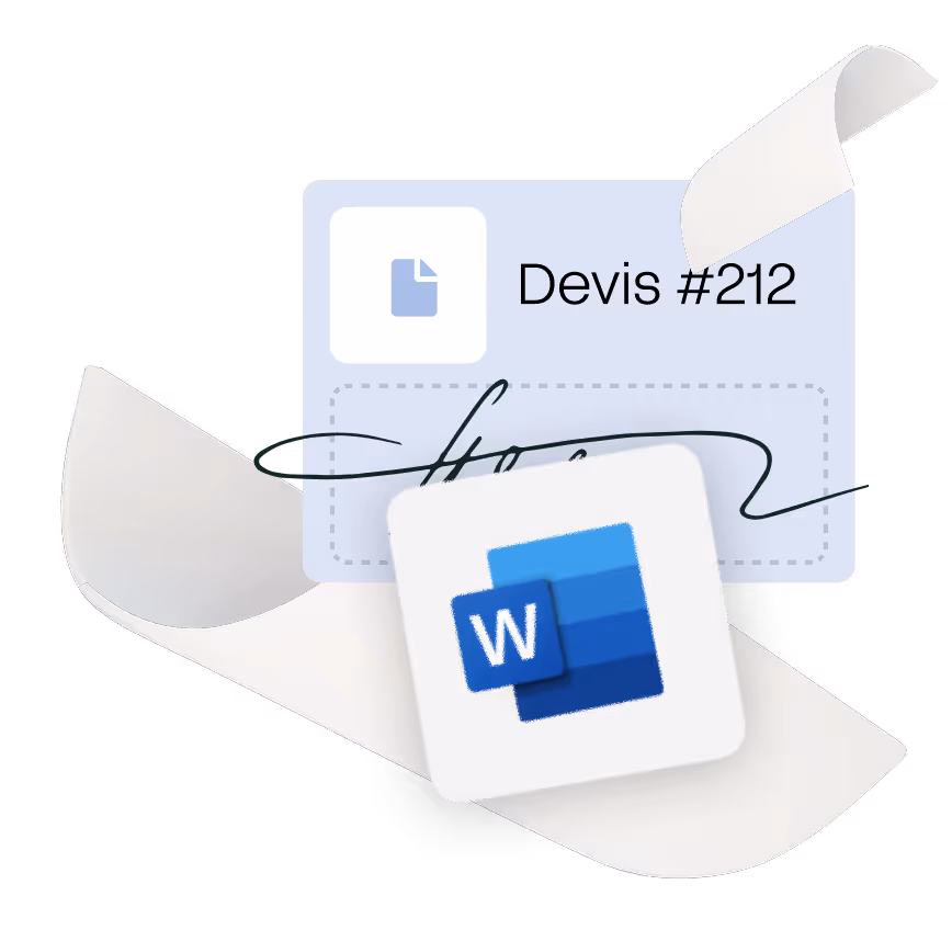 Icône Microsoft Word sur un document intitulé Devis #212 avec un ruban blanc stylisé.