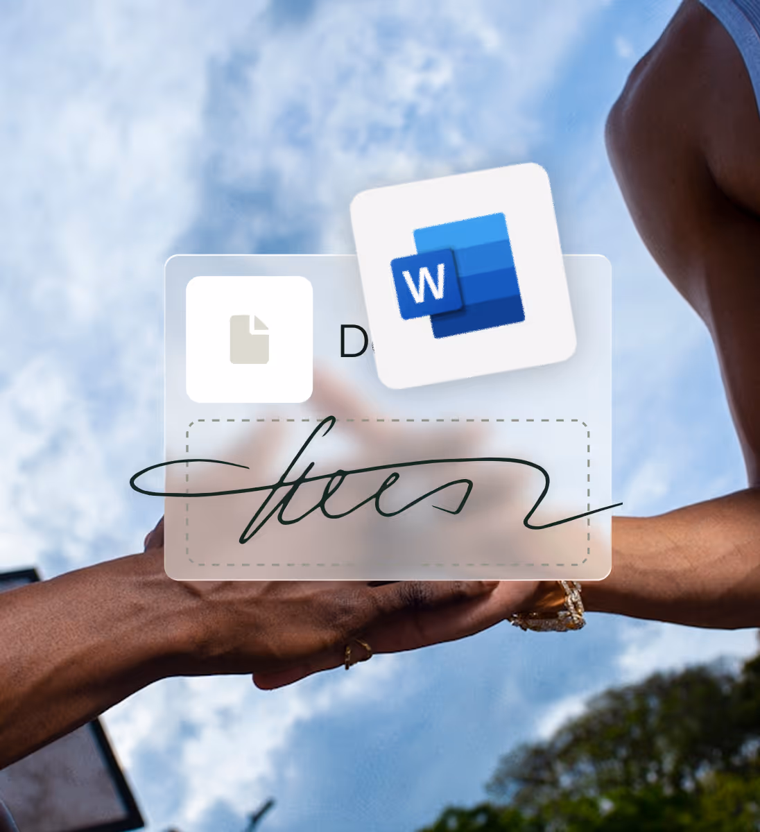 Deux mains se serrant avec fond ciel bleu, une signature numérique et une icône Word superposées.