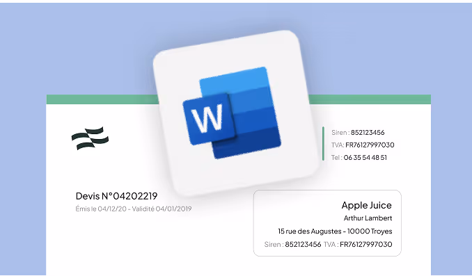 Document titled Devis with company details and Word app icon over a blue background.