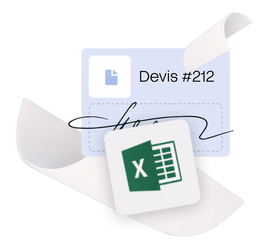 Icône Excel devant un document stylisé intitulé Devis #212 avec un papier enroulé blanc.