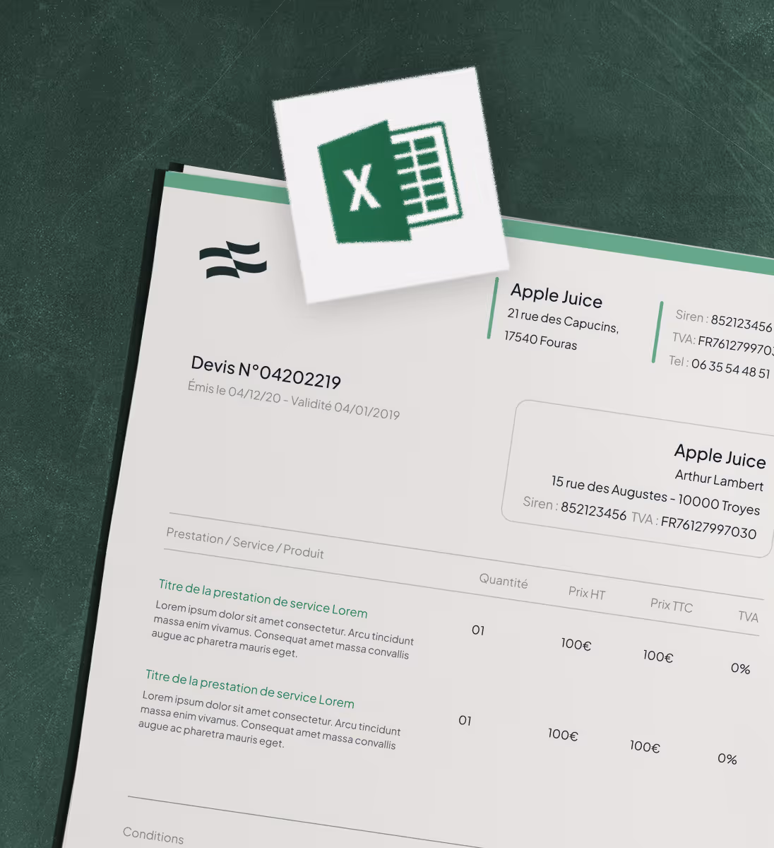 Devis commercial en français avec logo Excel sur fond vert, détails facture Apple Juice visibles.