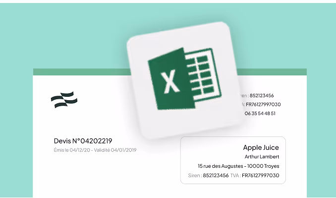 Document de devis avec logo Excel et informations d'entreprise Apple Juice à Troyes.