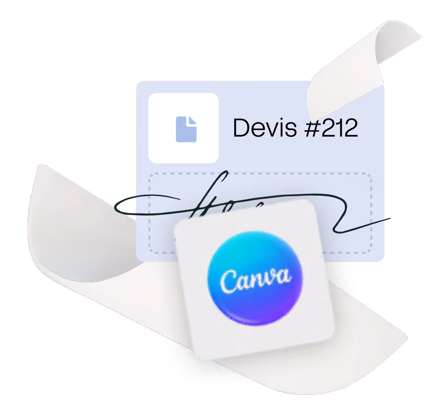Logo Canva avec document intitulé Devis #212 et une signature stylisée en arrière-plan.