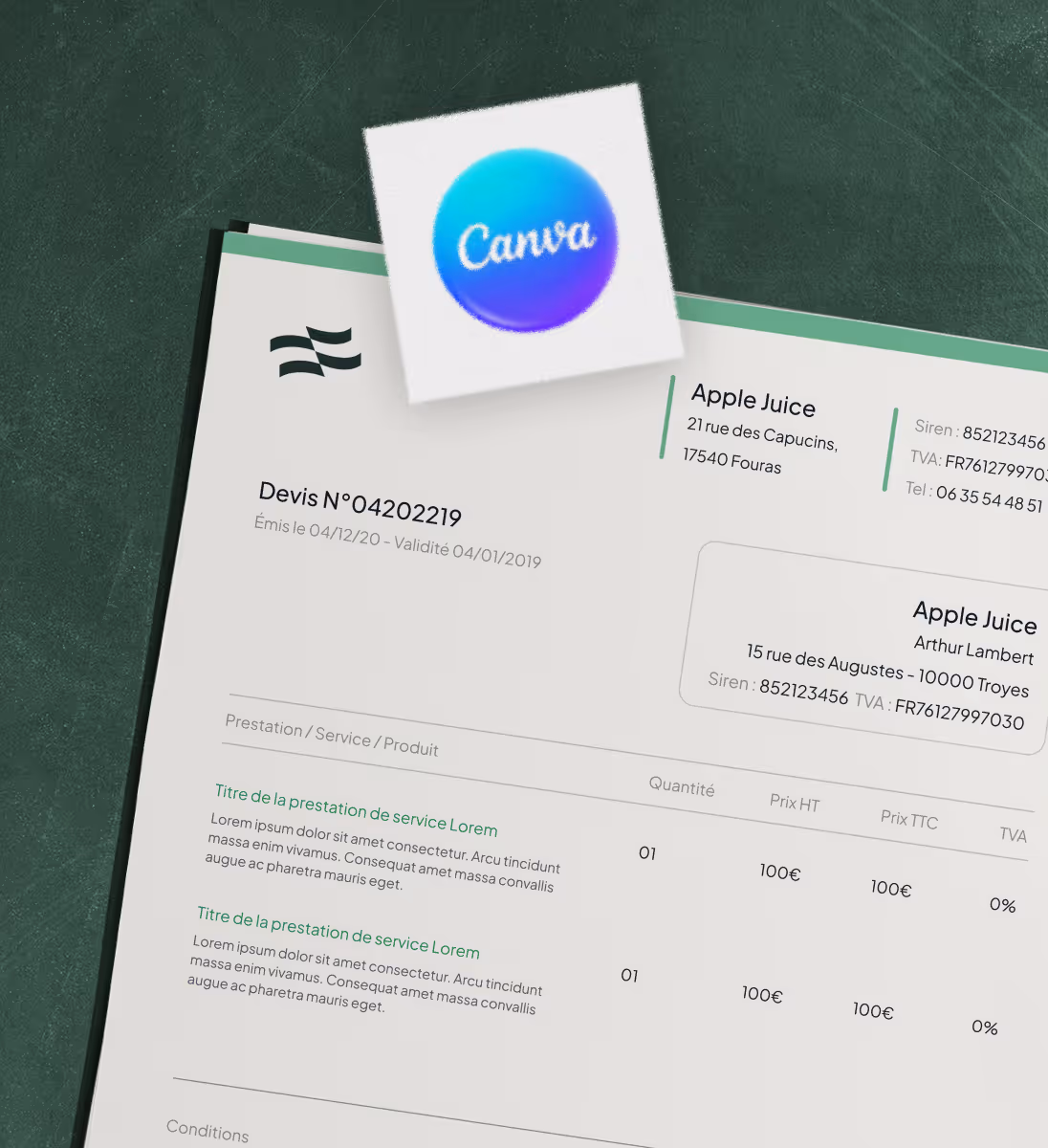 Devis commercial en français avec détails et exemple de service, logo Canva flottant.