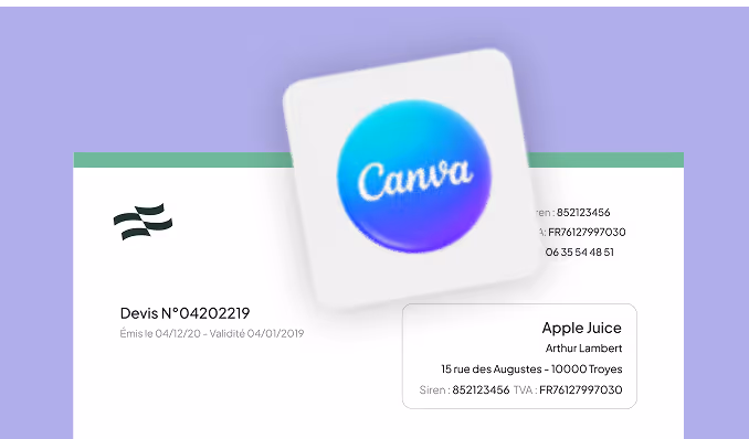 Extrait de devis avec un logo Canva flottant, détails de contact et adresse Apple Juice à Troyes.