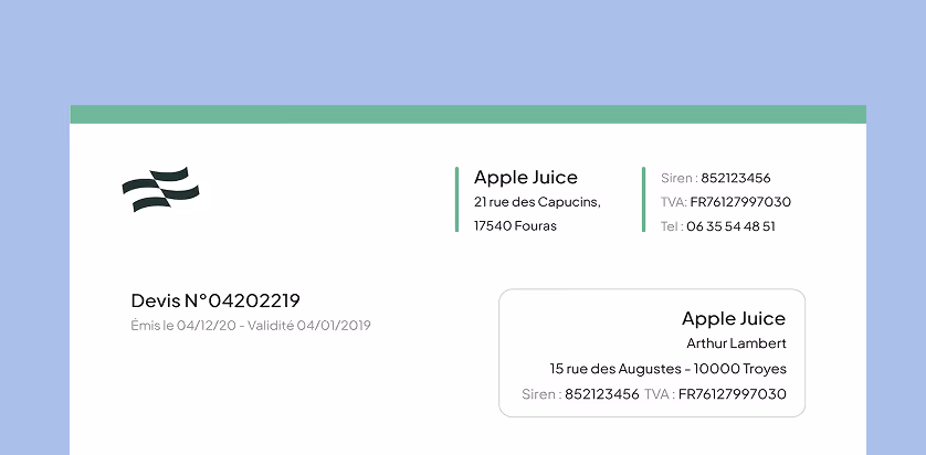 Devis Apple Juice avec adresse, siren, TVA, et numéro de téléphone sur fond clair