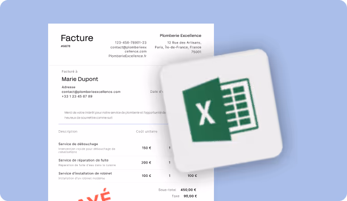 Exemple de facture de plomberie avec détails des services et logo Excel sur fond bleu clair.
