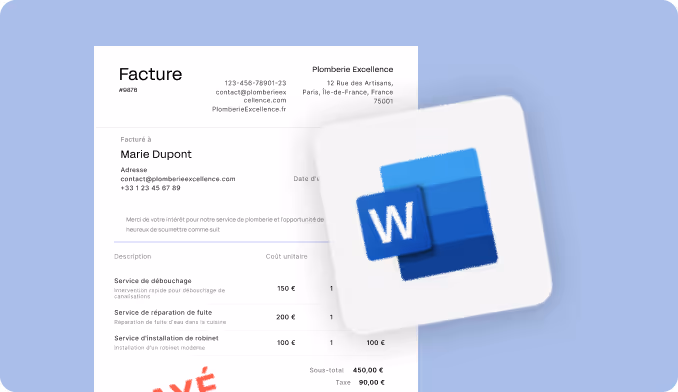 Facture de plomberie en français avec logo Microsoft Word en arrière-plan.