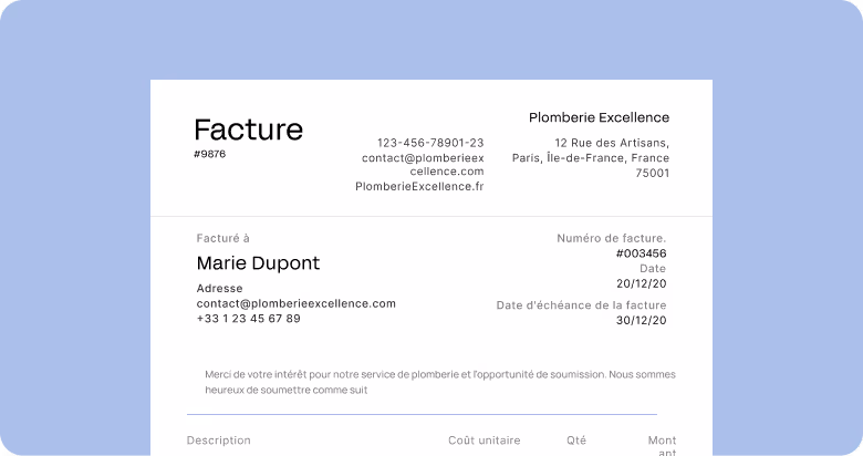 Facture de plomberie pour Marie Dupont avec détails de contact, date et adresse à Paris, France.
