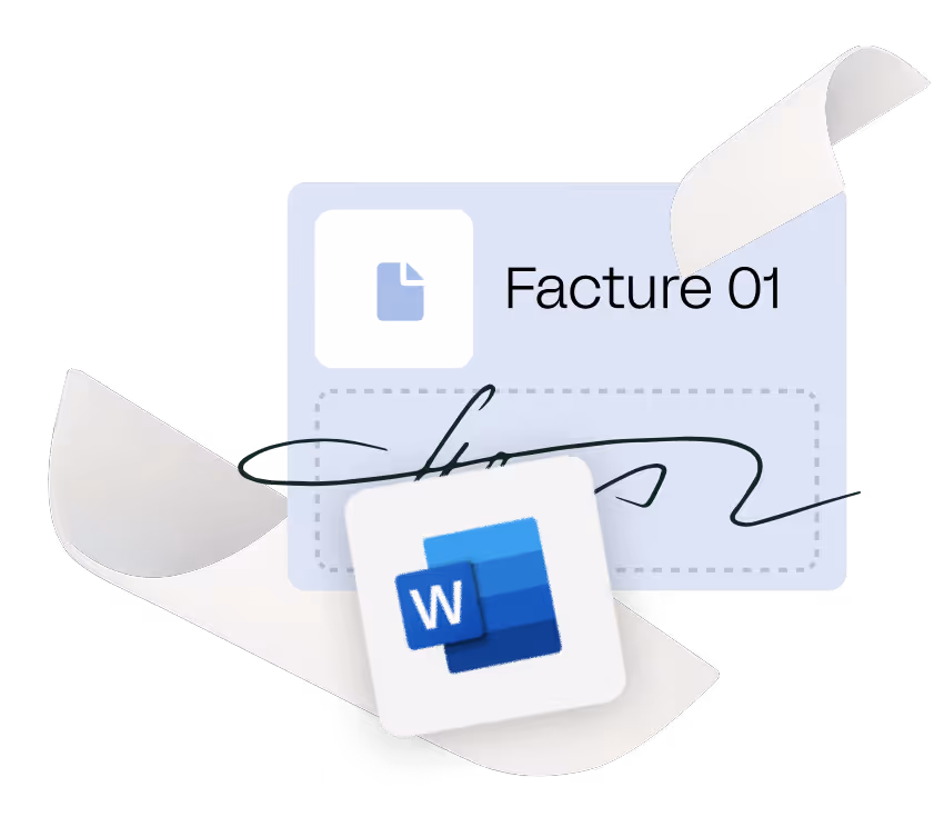 Icône de fichier Word avec document intitulé Facture 01 et une signature stylisée à côté.