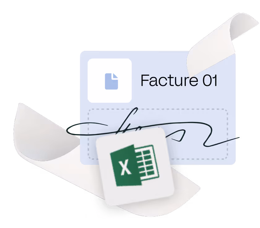 Icône Excel flottante devant une vignette de facture numérique nommée Facture 01 avec une signature.