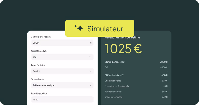 Simulateur de revenus freelance avec charges et revenu net estimé à 1025 euros pour un chiffre d'affaires de 2000 euros.