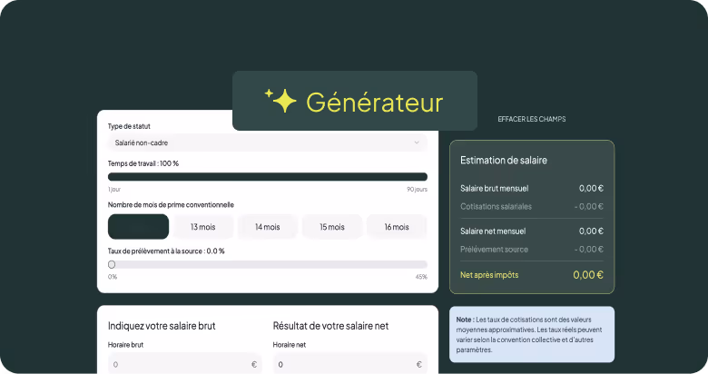 Interface d'un générateur de salaire brut à net avec champs pour statut, temps, mois prime et estimation salaire net.