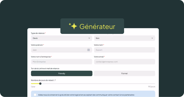 Formulaire de générateur d’e-mails de relance en français avec champs pour nom, entreprise, email, type et ton.