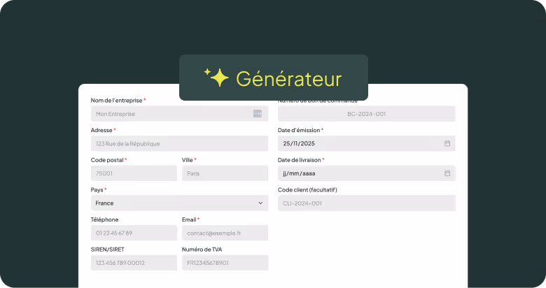 Formulaire de bon de commande avec champs pour entreprise, adresse, date, téléphone, email, et codes fiscaux.