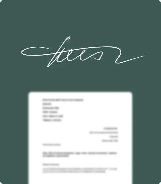 Signature manuscrite blanche sur fond vert foncé au-dessus d'un document blanc flou.