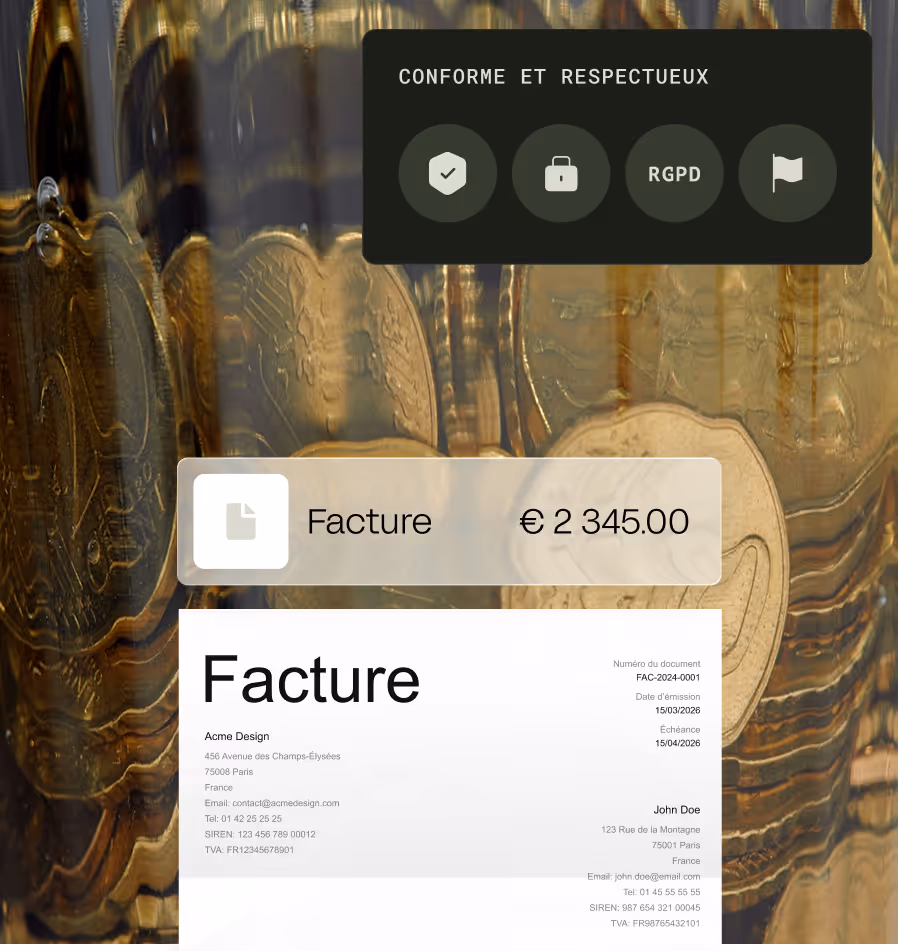 Image d'une facture de 2 345 € avec certificats de conformité RGPD en arrière-plan.