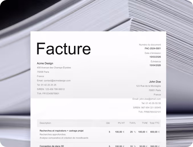 Facture d'Acme Design à Paris adressée à John Doe avec détails du projet et montants en euros.