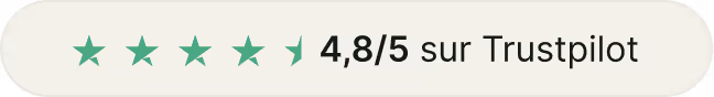 Note de 4,8 sur 5 étoiles sur Trustpilot avec 4 étoiles vertes et demi étoile verte pâle.