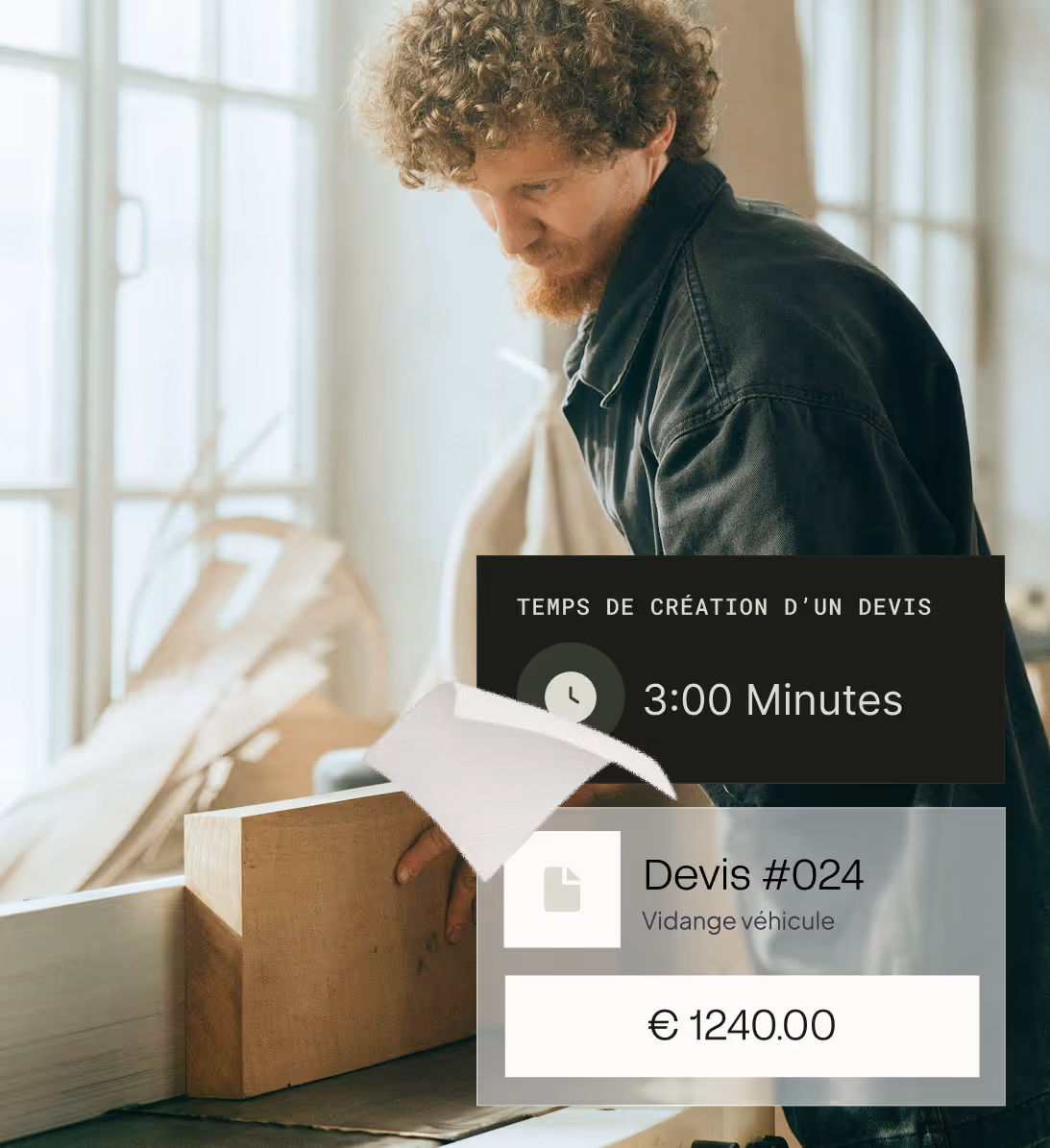 Homme aux cheveux bouclés travaillant sur une planche de bois avec un devis de €1240 affiché.