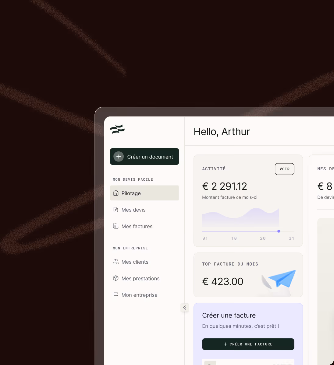 Interface de tableau de bord avec montants facturés, factures top mois, et options de gestion d'entreprise.
