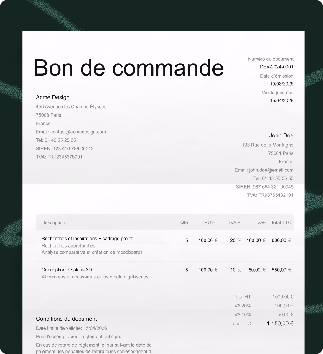 Exemple de bon de commande rempli - modèle mon devis facile