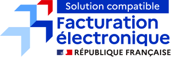 Logo bleu avec formes géométriques et texte indiquant « Solution compatible Facturation électronique ».